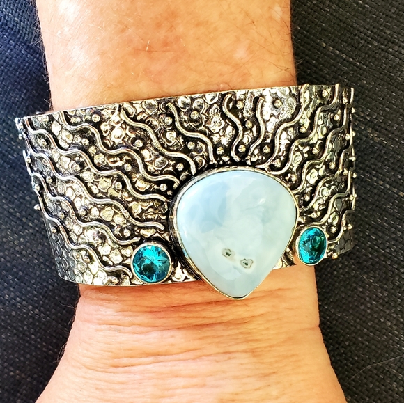 New Owyhee Opal and Blue Topaz 925 Silver Cuff Bracelet. - Picture 12 of 16